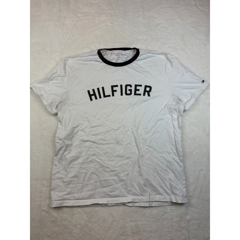 Tommy Hilfiger Mens Ringer T-Shirt White Navy Blue Arched Logo Graphic Tee Large